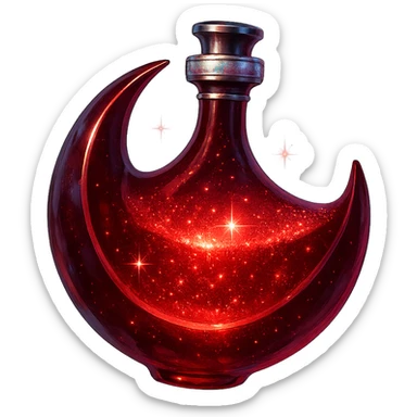 red moon-shaped luxurious elixir bottle, mysterious and mystical, deep red color, iridescent and silver details, intense magical glowing and sparkling effects, very small neck, seamless bottom, transparent background, floating, no base or shadow, modern, matching a collection sticker