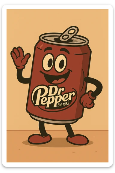 Add a vintage Dr Pepper label to this cartoon soda can, keep bold outlines and playful look. sticker