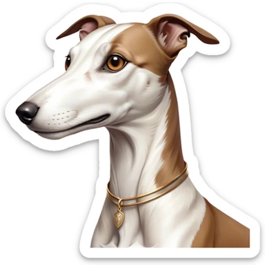 Cinematic Noble White and Brown Greyhound Portrait Emoji, Poised and regal, with a slender, aerodynamic build and a sleek Fur of pristine white accented by warm brown markings, deep-set soulful eyes, Simplified yet sharp and sophisticated features, highly detailed, glowing with a soft, dignified glow, high shine, intelligent and agile, stylized with an air of elegance, focused and attentive, soft glowing outline, capturing the essence of a watchful and swift companion, so majestic it feels as though it could dash out of the screen with effortless authority! sticker