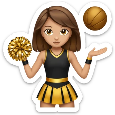 Cheerleader with golden skin tone skin, brown eyes, brown hair and full dress outfit black and gold sticker