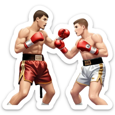  a high-stakes boxing match for the world championship title. Two professional boxers, wearing gloves and championship belts, exchange powerful punches in the center of the ring. The background features a packed arena with bright lights, a roaring crowd, and the championship banner hanging above.  sticker