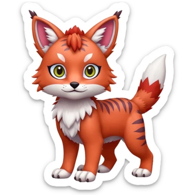 Colorful tropical reddish kawaii cute Lynx-Trico-Sergal-Wolf-Vernid-Fakémon-Pokémon-creature (full body) sticker
