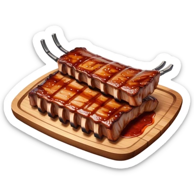 Cinematic juicy grilled ribs, glistening with smoky barbecue sauce, charred edges, tender meat falling off the bone, sizzling on a hot grill, mouthwatering and rich, warm and inviting, ultra-realistic and delicious. sticker
