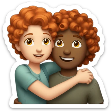 a girl with curly red hair hugging a boy sticker