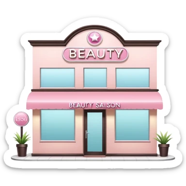 Modern beauty salon building with a stylish illuminated sign that says BEAUTY SALON on the front. Elegant exterior design, large clean windows, soft pastel colors, minimalistic decorations, welcoming atmosphere, daytime, high-quality detailed render sticker