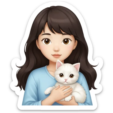 Asain girl with long wavy dark brown hair and bangs carrying a white kitten  sticker