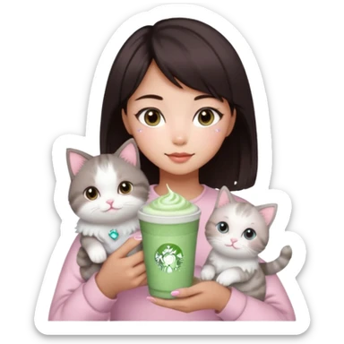 asian girl with short dark brown hair and dark brown eyes with a soft girl pink glowup aesthetic. matcha latte sparkles girly things, 2 ragdoll cat sticker