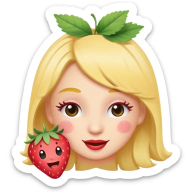 Emoji coquette, winking face with tiny strawberry sticker on cheek, fluttering eyelashes, pastel peach background, minimal vector, 512x512, transparent background
 sticker