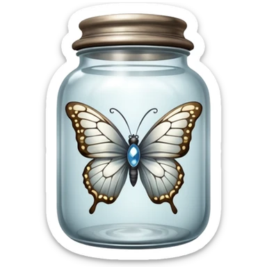 A silver butterfly traped in an old jar sticker