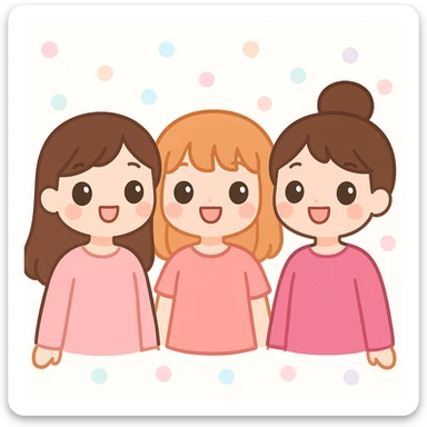three girl best friends, cute cartoon style, top half of their bodies, different shades of pink clothing, smiling, happy vibe sticker