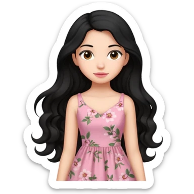 Uma menina com vestido longo rosa e cabelo longo preto ondulado sticker