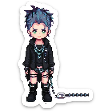 goth boy, pixel art, spiky hair, black boots, chains, minimalist sticker