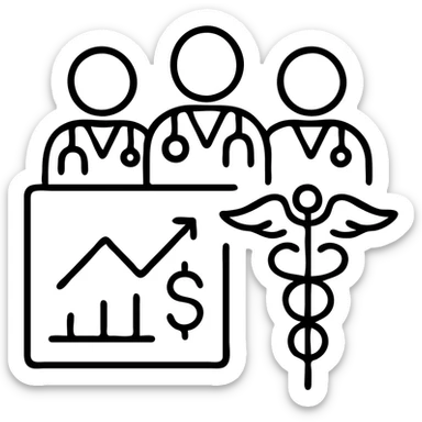 Medical emergency fund committee with doctors and financial charts sticker