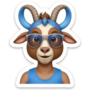 3D cartoon goat man portrait, head and shoulders, brown fur, small horns, blue reflective sunglasses, slight smile, tank top, soft lighting, centered, clean background, no text, no watermark
 sticker