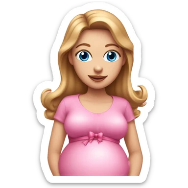 White pregnant lady, with Light Brown hair and blue eyes. She is wearing a tight pink dress and a bow,  standing and holding two pink heart balloons. sticker