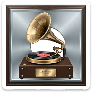 A platinum music award plaque: a square, polished platinum plate with a subtly textured, mirror-like finish, mounted on a simple dark wood base. The center features a relief of a vintage gramophone or stylized vinyl record in a slightly darker metallic tone.  sticker