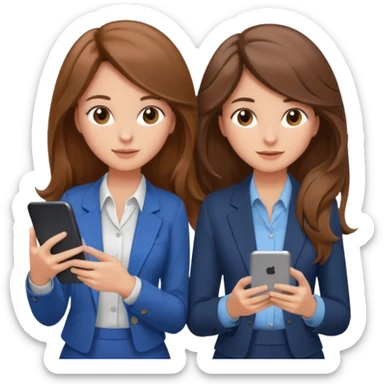two brown haired girls, looking professional maybe leaned back on back and looking forward and using phones, with longer hair and with some cute clothes without ties, blowout hair, one girl can hold lap top athoer one can hold the phone sticker
