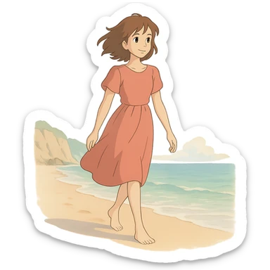 ghibli style young woman walking on Malibu beach with soft colors sticker