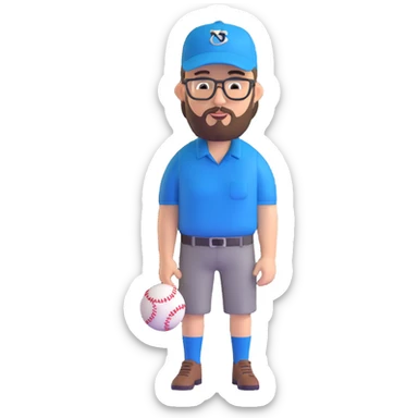 adventurer with goatee beard (no beard on cheeks), short hair, glasses and backwards baseball cap sticker