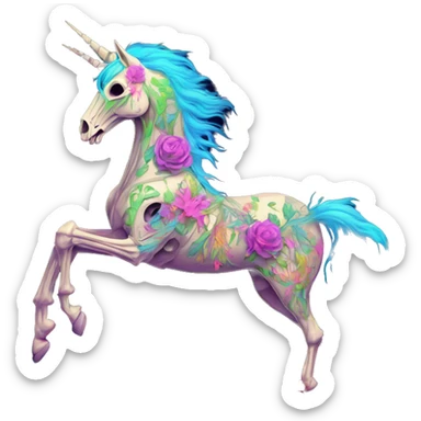 Neon Zombie Pegasus unicorn skeleton psychedelic flowers floral groovy art neon rave raving sticker