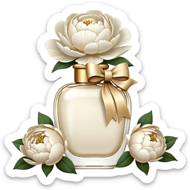 pearl white vintage style perfume bottle and ivory colored peonies and a gold bow sticker
