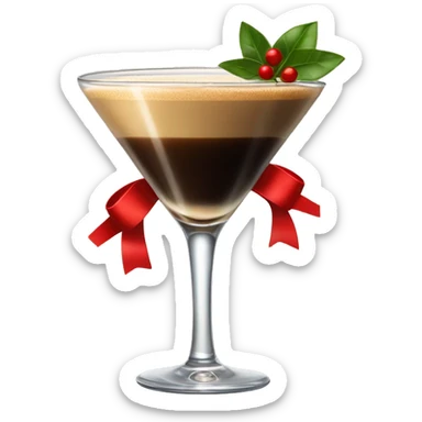 An espresso martini with a red bow on the stem of the glass sticker
