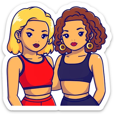 Two teenage girls together, one white with straight blonde hair and one brown-skinned with curly dark hair, both with heavy makeup, big lips, crop tops, gold jewelry and flashy choni style outfits sticker