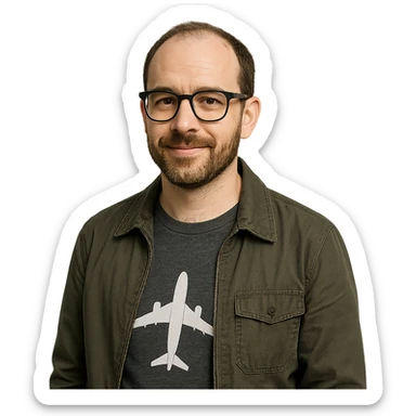 aviation geek short-bearded man, brown hair, slightly balding, close trimmed beard, unique style sticker
