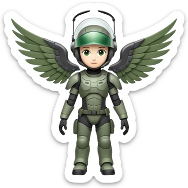 A character with a dark helmet and bright visor.
They wear a detailed grey and green tactical suit.
Large, articulated mechanical wings are spread wide. sticker