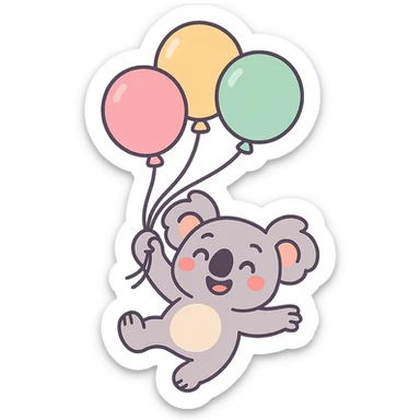 koala floating with pastel balloons, happy face, pastel-toon style sticker