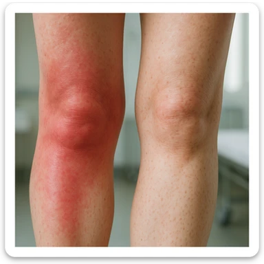 Hyperrealistic human legs in the phase of disinflamation, skin with redness and swelling decreasing, areas gradually transitioning from red to normal, clinical atmosphere, natural light, 4K details. Variant 4, focus on transition areas. sticker