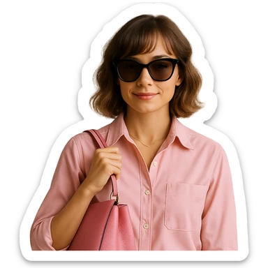 Add stylish sunglasses and a pink handbag in a realistic style. Keep the background transparent. sticker