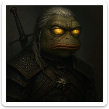 Пэпэ as a Witcher, with glowing yellow eyes and a scarred face sticker