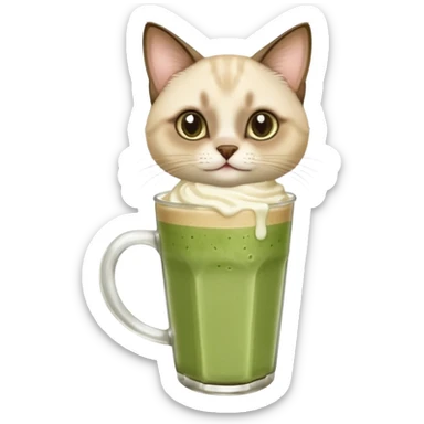 Happy Siamese Cat holding in its paws an iced matcha latte sticker