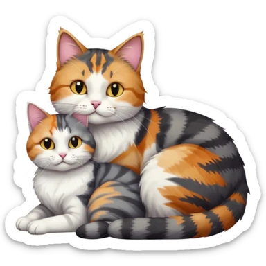 full body colourful light patched calico + white tabby cat cuddling a bigger cat that is dark grey and white tabby cat  sticker
