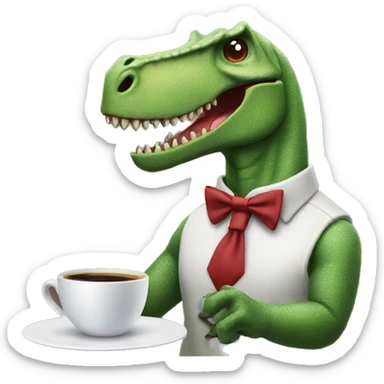dinosaur serving coffee with a bowtie sticker