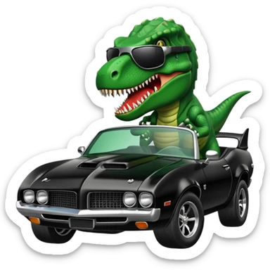 T-Rex driving a black muscle car wearing black luxury visor sunglasses sticker