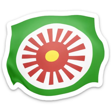 A flag with red on the top White in the middle and gren ind the bottum and af Sun with 21 Sun rays ind the middle sticker