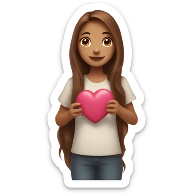 A girl with long brown hair with hearts all over and holding a heart out  sticker