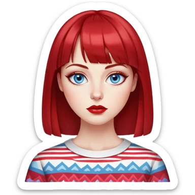 Creative woman with fair skin, oval face, striking blue eyes with eyeliner, thin eyebrows, small nose, medium lips with bright lipstick, dark red hair with straight bangs, wearing a red and white printed top, artistic expression sticker