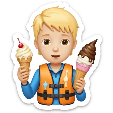kid wearing lifejacket, holding ice cream sticker