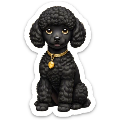 Cinematic Noble Black Poodle Portrait Emoji, Poised and regal, with a refined, elegant build and a meticulously groomed, curly jet-black Fur, deep-set soulful dark eyes, Simplified yet sharp and sophisticated features, highly detailed, glowing with a soft, dignified glow, high shine, intelligent and graceful, stylized with an air of sophistication, focused and attentive, soft glowing outline, capturing the essence of a watchful and confident companion, so majestic it feels as though it could prance out of the screen with effortless authority! sticker