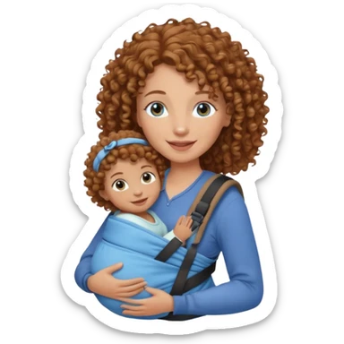 Caucasians light brown curly haired woman with brown skinned bay in carrier. Mom has blue eyes sticker