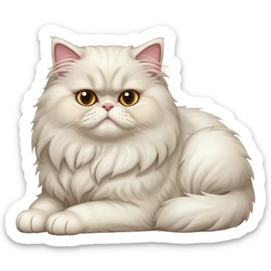 A fluffy Persian cat with a grumpy, lazy expression, lying down, barely raising one paw, cartoon style, transparent background. sticker