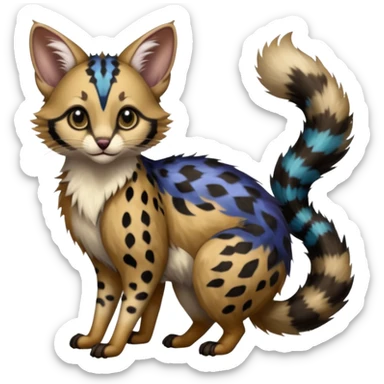  ink-black fur laced with oil-slick bronze and abyssal cobalt runes fur with random dark markings beautiful elegant pretty precious cute  Fakémon-Pokémon-opossum-feline-serval-caracal-chinchilla-Furret-Minccino-hybrid-creature with a big fluffy bushy tail (full body) sticker