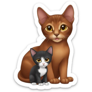 Dark red Abyssinian cat and black kitten with small white speck sticker