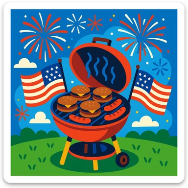 barbecue grill with burgers and hot dogs, 4th of July, summer, cheerful sticker