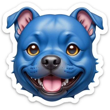 Cinematic Comical Blue Staffordshire Bull Terrier Portrait Emoji, Head tilted dramatically with an exaggeratedly amused expression, featuring a striking blue Fur with a subtle shimmer, wide, expressive dark eyes filled with playful disbelief, Simplified yet hilariously expressive features, highly detailed, glowing with a slightly sassy glow, high shine, dramatic yet playful, stylized with an air of cheeky mischief, bright and endearing, soft glowing outline, capturing the essence of a spirited and over-the-top guardian, so meme-worthy it feels like it could side-eye its way into internet fame instantly! sticker