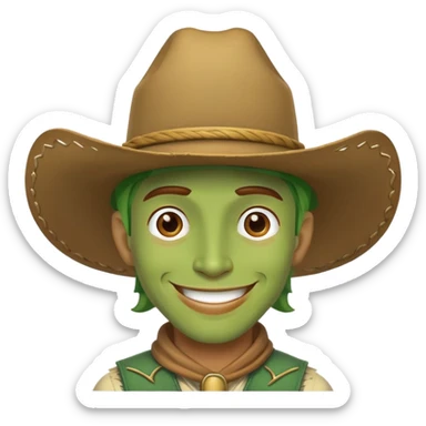 A green cowboy, smiling face with a cowboy hat and green skin sticker