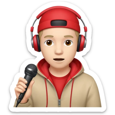 emoji de persona haciendo beatbox con un micrófono y unos audífonos rojos puestos sticker